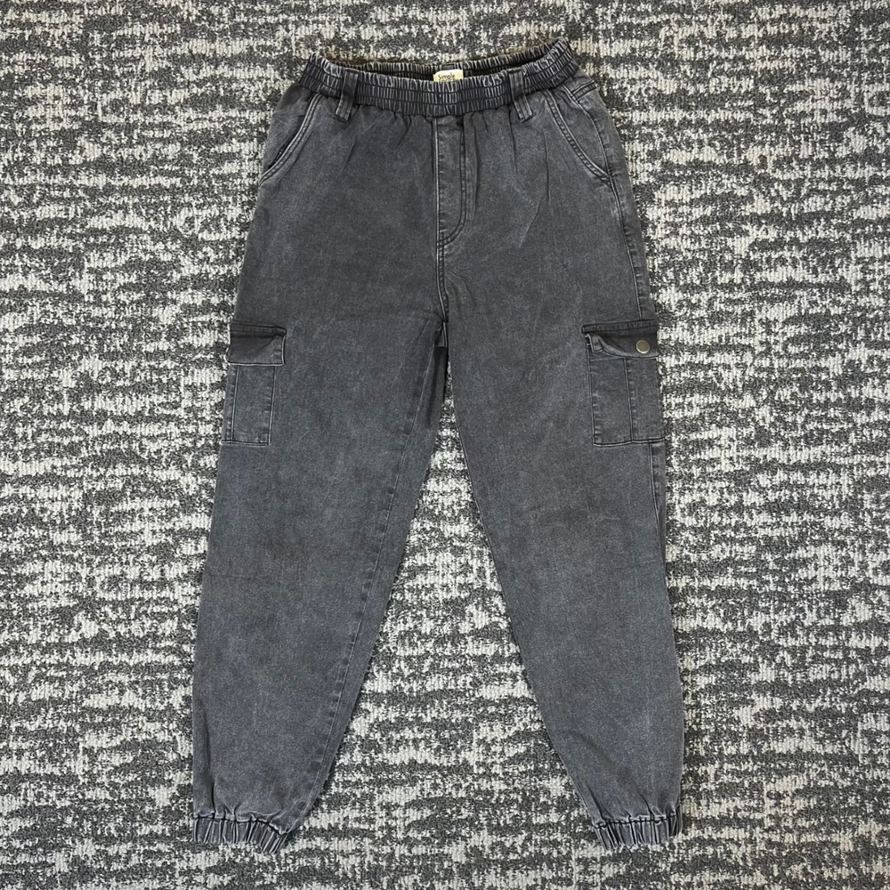 Simple Society Cargo Jogger Pants Womens S Black Acid Wash Elastic Waist Denim